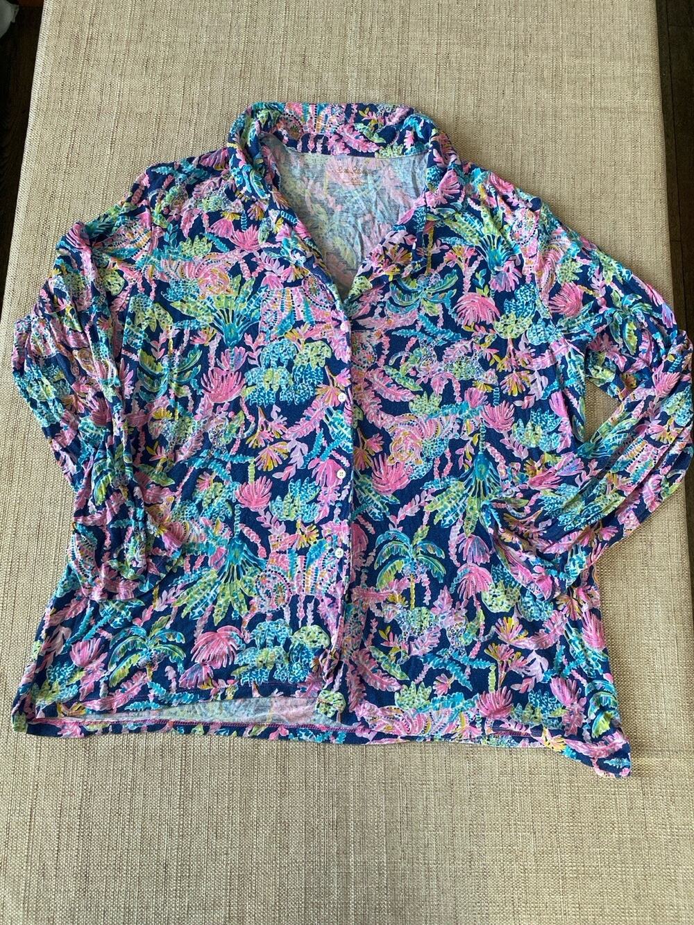 Lilly Pulitzer PJ Knit Long Sleeve Button Up Top Oyster Bay Navy Size XXL